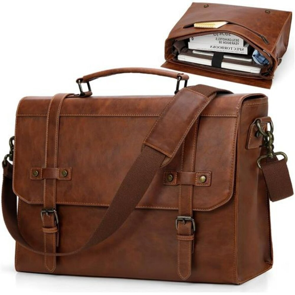Premium Leather Messenger Bag 17in Laptop Briefcase Waterproof